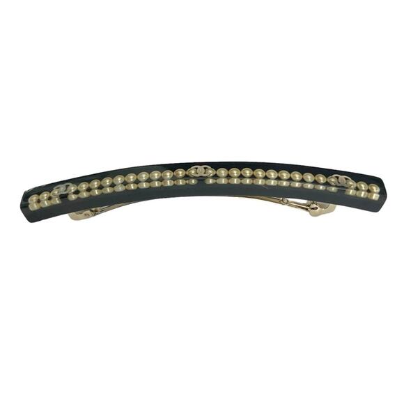 AUTH VTG Chanel Black Resin Pearl & Gold CC Logo Inclusion Hair Clip Barrette main image 8